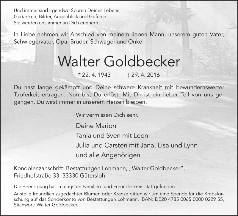  Traueranzeige für Walter Goldbecker vom 05.05.2016 aus Neue Westfälische