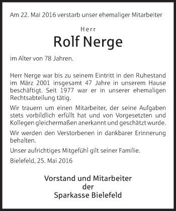 Traueranzeige von Rolf Nerge von Neue Westfälische