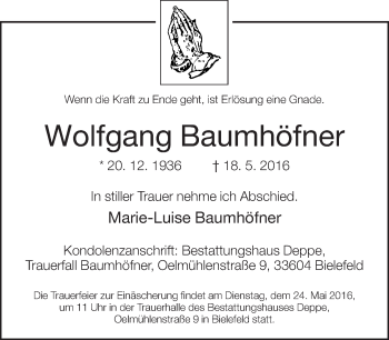 Traueranzeige von Wolfgang Baumhöfner von Neue Westfälische