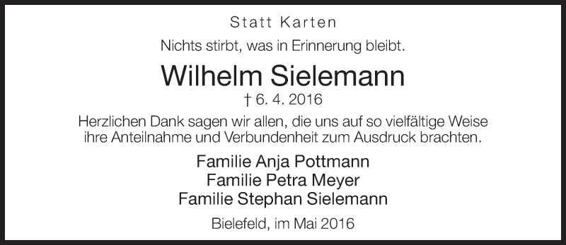  Traueranzeige für Wilhelm Sielemann vom 07.05.2016 aus Neue Westfälische