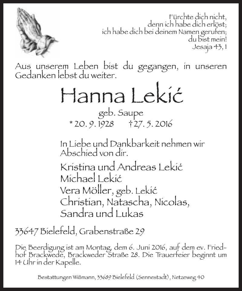  Traueranzeige für Hanna Lekic vom 31.05.2016 aus Neue Westfälische