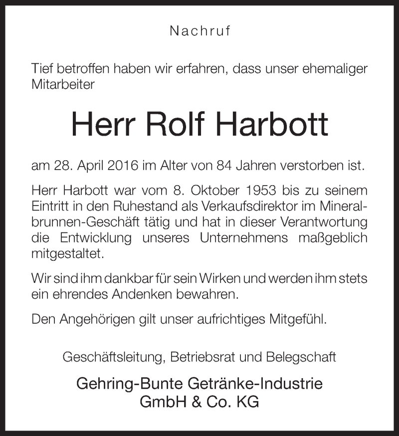 Traueranzeige für Rolf Harbott vom 05.05.2016 aus Neue Westfälische