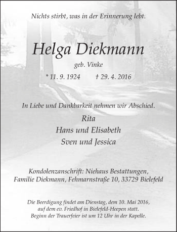 Traueranzeige von Helga Diekmann von Neue Westfälische