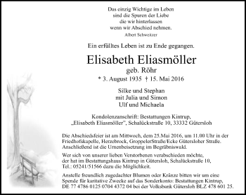 Traueranzeige von Elisabeth Eliasmöller von Neue Westfälische