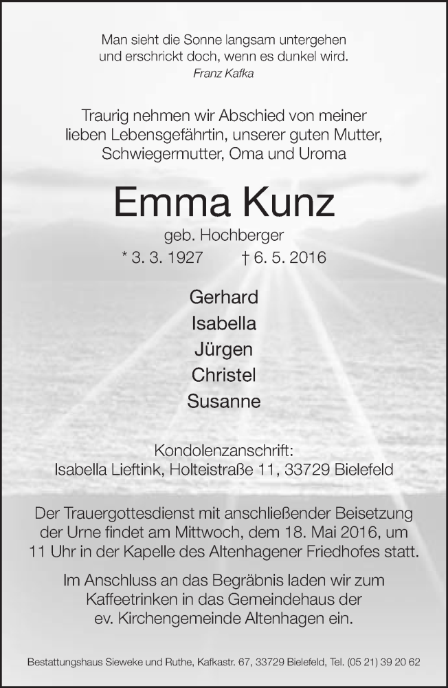  Traueranzeige für Emma Kunz vom 14.05.2016 aus Neue Westfälische