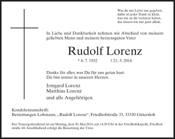 Traueranzeige von Rudolf Lorenz von Neue Westfälische