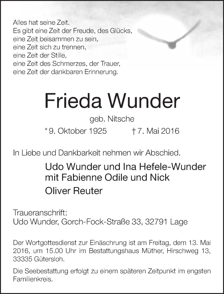  Traueranzeige für Frieda Wunder vom 11.05.2016 aus Neue Westfälische