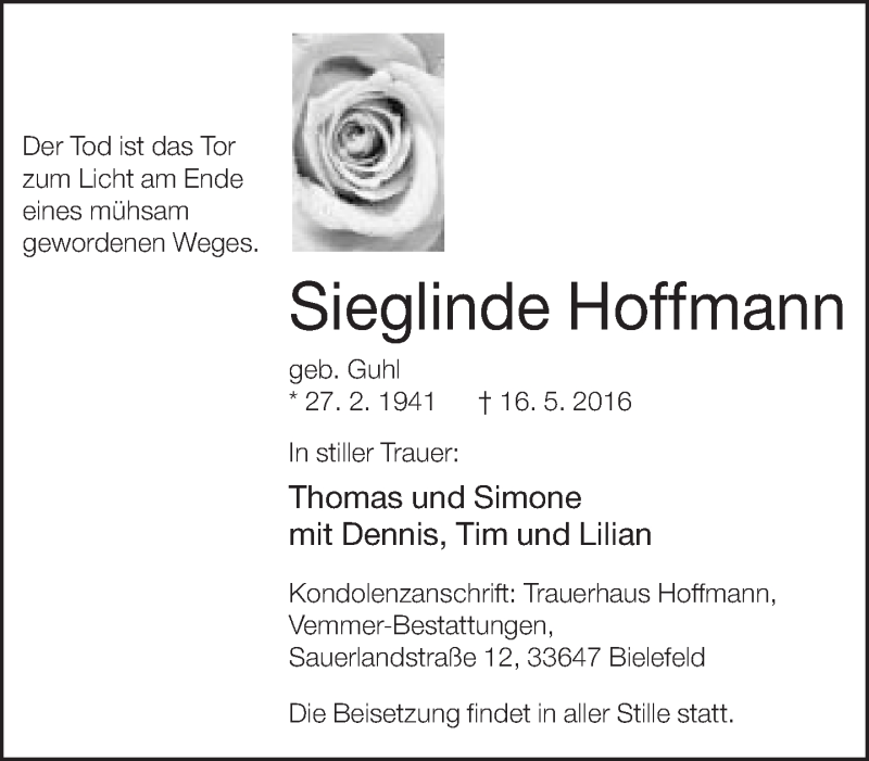  Traueranzeige für Sieglinde Hoffmann vom 21.05.2016 aus Neue Westfälische