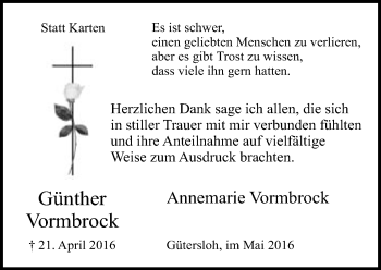 Traueranzeige von Günther Vormbrock von Neue Westfälische