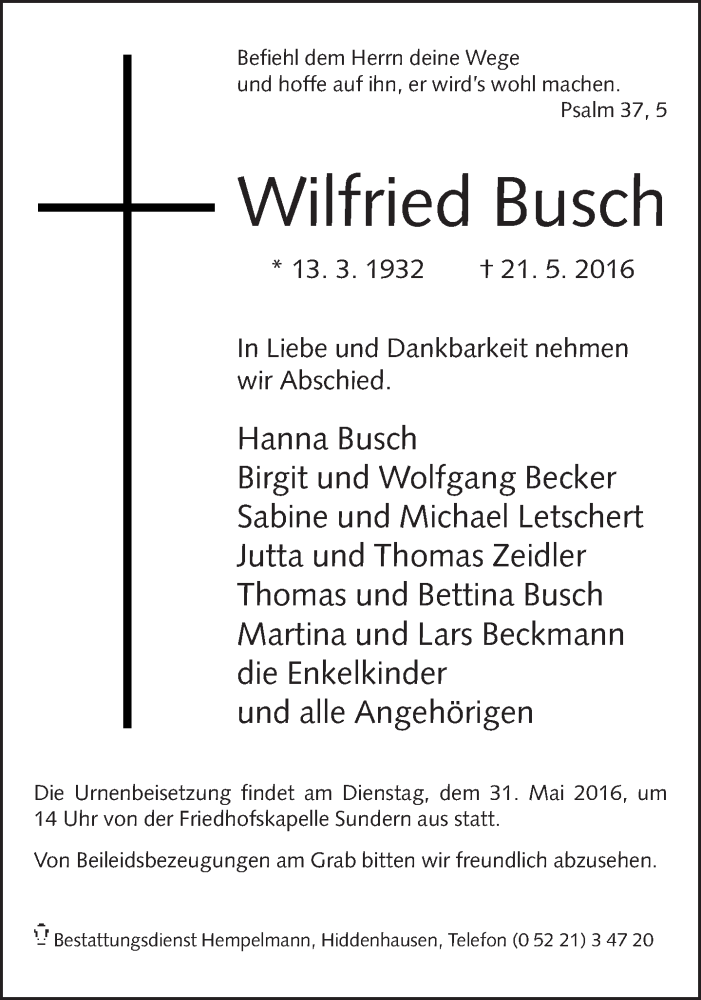  Traueranzeige für Wilfried Busch vom 24.05.2016 aus Neue Westfälische