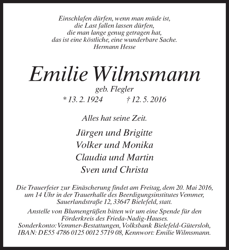  Traueranzeige für Emilie Wilmsmann vom 14.05.2016 aus Neue Westfälische