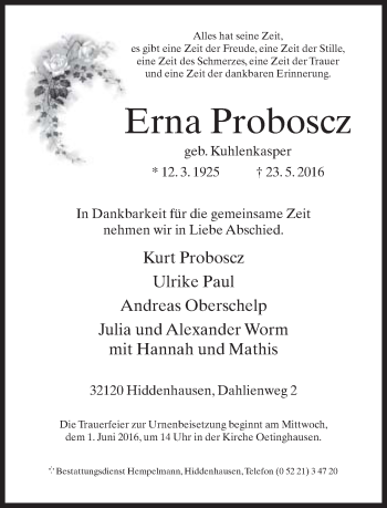 Traueranzeige von Erna Proboscz von Neue Westfälische