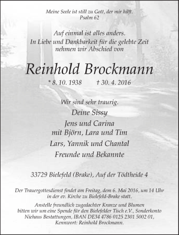Traueranzeige von Reinhold Brockmann von Neue Westfälische