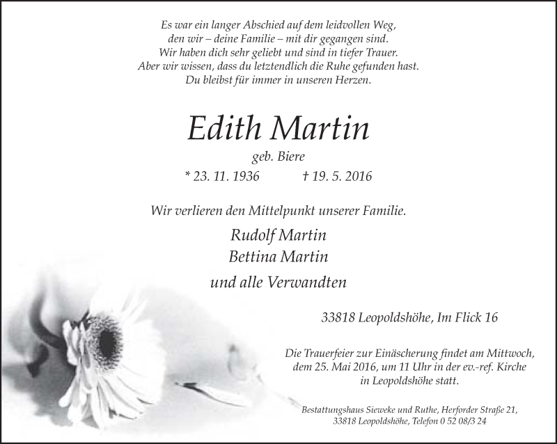  Traueranzeige für Edith Martin vom 21.05.2016 aus Neue Westfälische