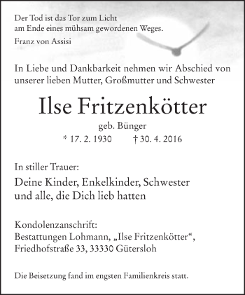 Traueranzeige von Ilse Fritzenkötter von Neue Westfälische