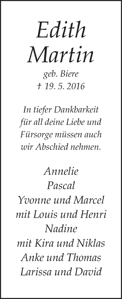  Traueranzeige für Edith Martin vom 21.05.2016 aus Neue Westfälische
