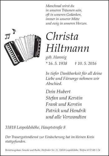 Traueranzeige von Christa Hiltmann von Neue Westfälische