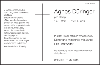 Traueranzeige von Agnes Düringer von Neue Westfälische
