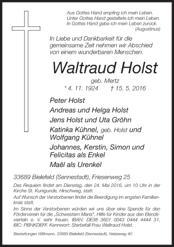 Traueranzeige von Waltraud Holst von Neue Westfälische