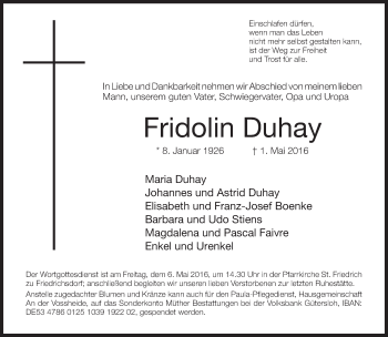 Traueranzeige von Fridolin Duhay von Neue Westfälische