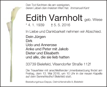 Traueranzeige von Edith Varnholt von Neue Westfälische