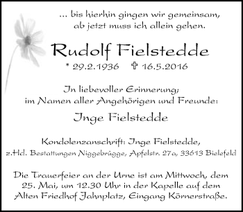 Traueranzeige von Rudolf Fielstedde von Neue Westfälische