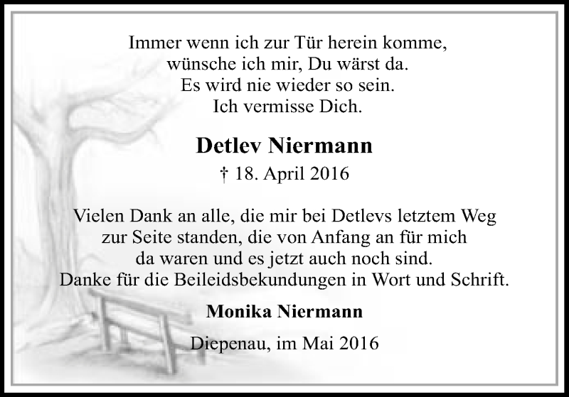  Traueranzeige für Detlev Niermann vom 21.05.2016 aus Neue Westfälische