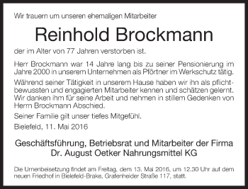 Traueranzeige von Reinhold Brockmann von Neue Westfälische