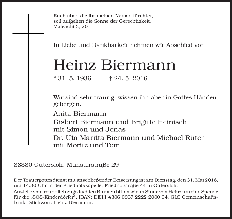  Traueranzeige für Heinz Biermann vom 28.05.2016 aus Neue Westfälische