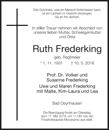 Traueranzeige von Ruth Frederking von Neue Westfälische