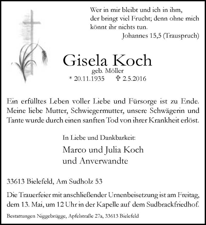  Traueranzeige für Gisela Koch vom 07.05.2016 aus Neue Westfälische