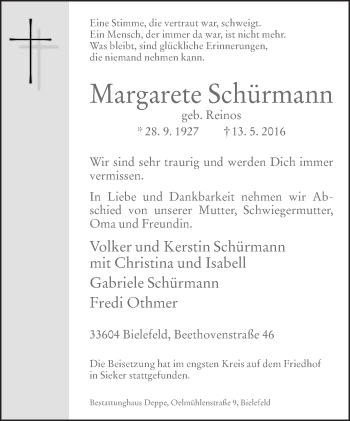 Traueranzeige von Margarete Schürmann von Neue Westfälische