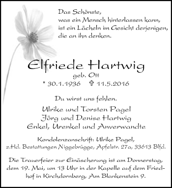 Traueranzeige von Elfriede Hartwig von Neue Westfälische