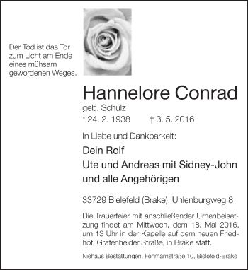 Traueranzeige von Hannelore Conrad von Neue Westfälische