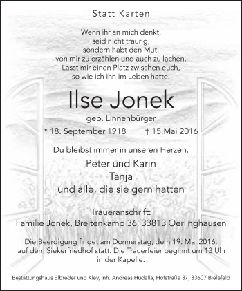 Traueranzeige von Ilse Jonek von Neue Westfälische