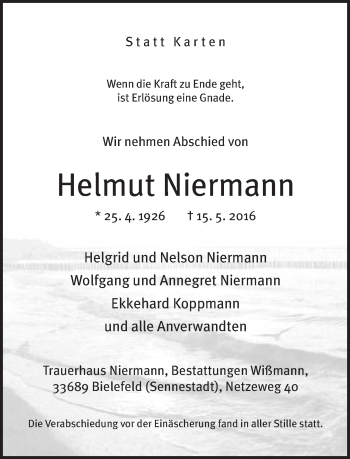 Traueranzeige von Helmut Niermann von Neue Westfälische