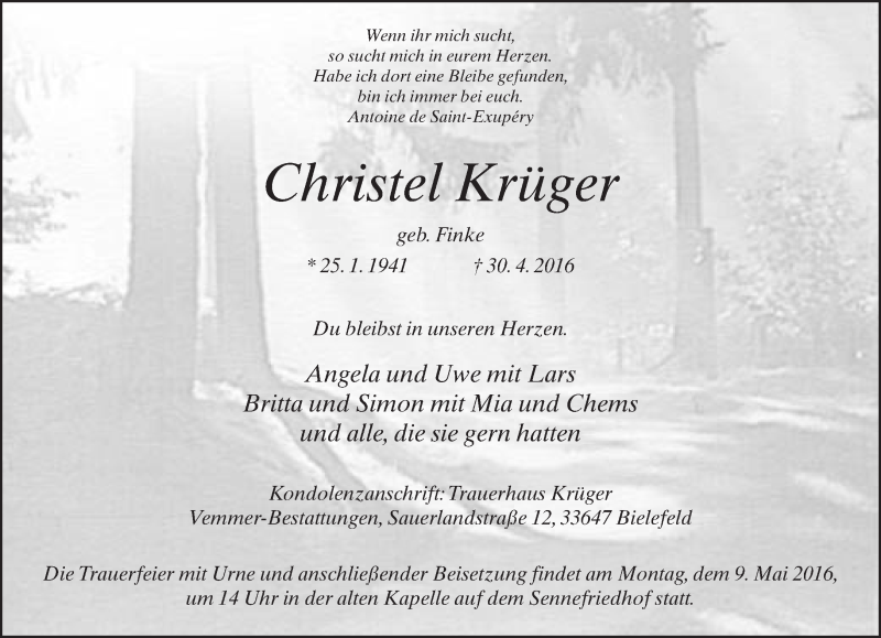  Traueranzeige für Christel Krüger vom 05.05.2016 aus Neue Westfälische