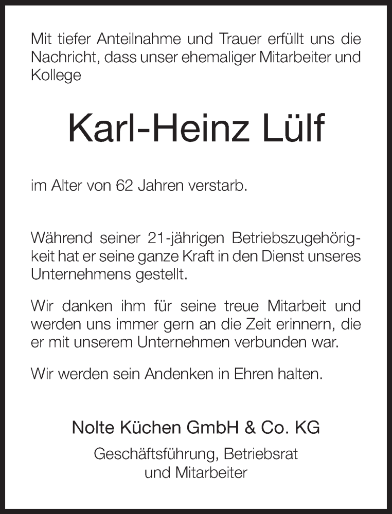  Traueranzeige für Karl-Heinz Lülf vom 07.05.2016 aus Neue Westfälische