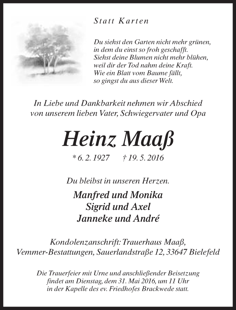  Traueranzeige für Heinz Maaß vom 21.05.2016 aus Neue Westfälische