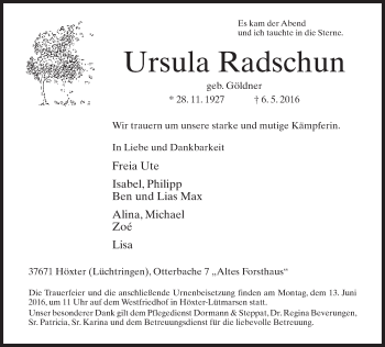 Traueranzeige von Ursula Radschun von Neue Westfälische