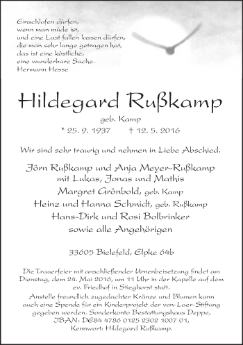 Traueranzeige von Hildegard Rußkamp von Neue Westfälische