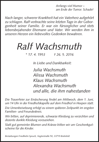 Traueranzeige von Ralf Wachsmuth von Neue Westfälische
