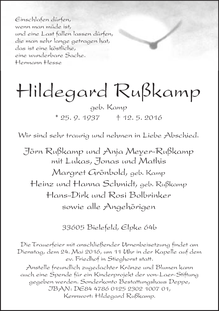  Traueranzeige für Hildegard Rußkamp vom 14.05.2016 aus Neue Westfälische