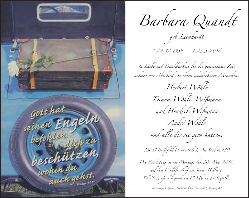  Traueranzeige für Barbara Quandt vom 26.05.2016 aus Neue Westfälische