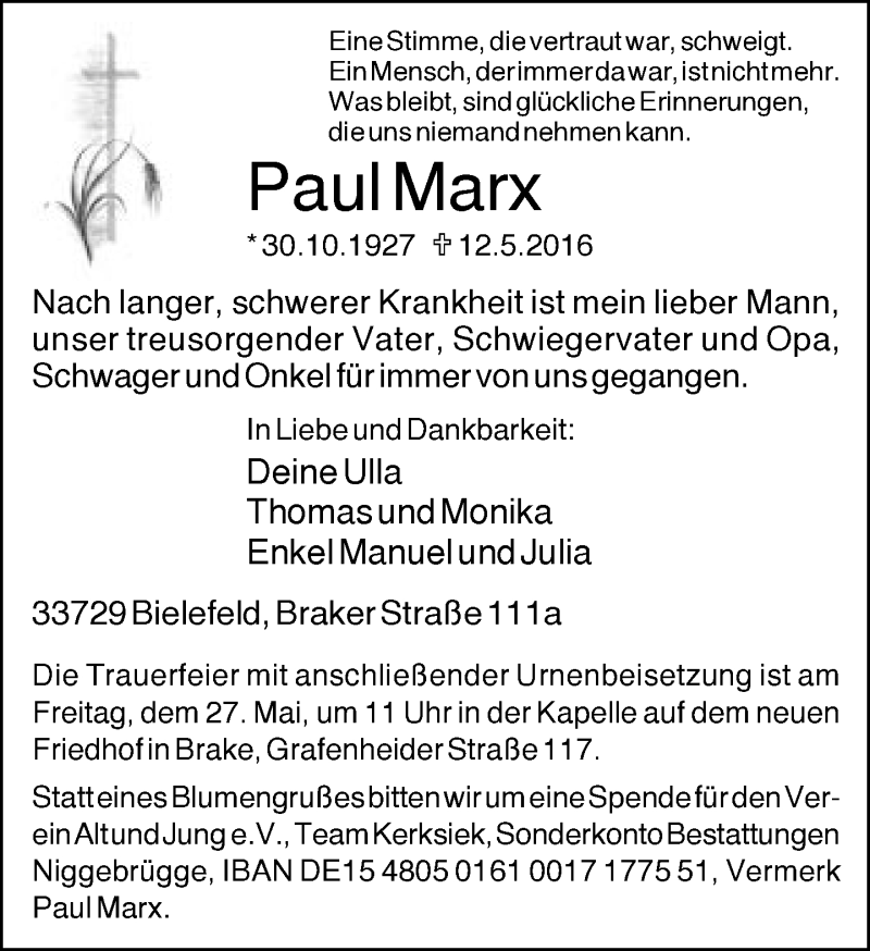  Traueranzeige für Paul Marx vom 21.05.2016 aus Neue Westfälische