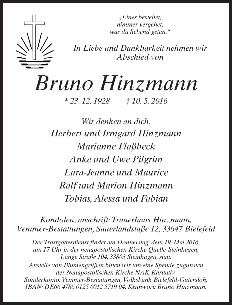  Traueranzeige für Bruno Hinzmann vom 14.05.2016 aus Neue Westfälische