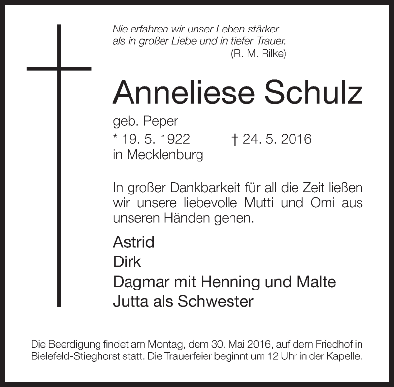  Traueranzeige für Anneliese Schulz vom 28.05.2016 aus Neue Westfälische