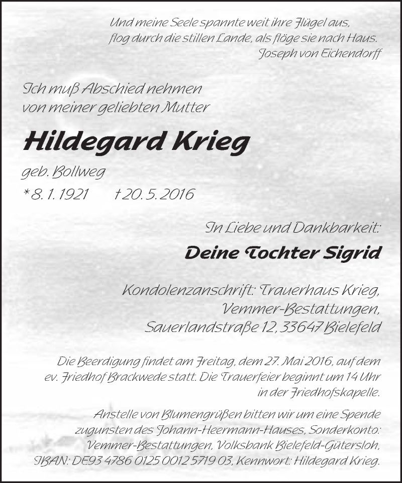 Traueranzeige für Hildegard Krieg vom 21.05.2016 aus Neue Westfälische
