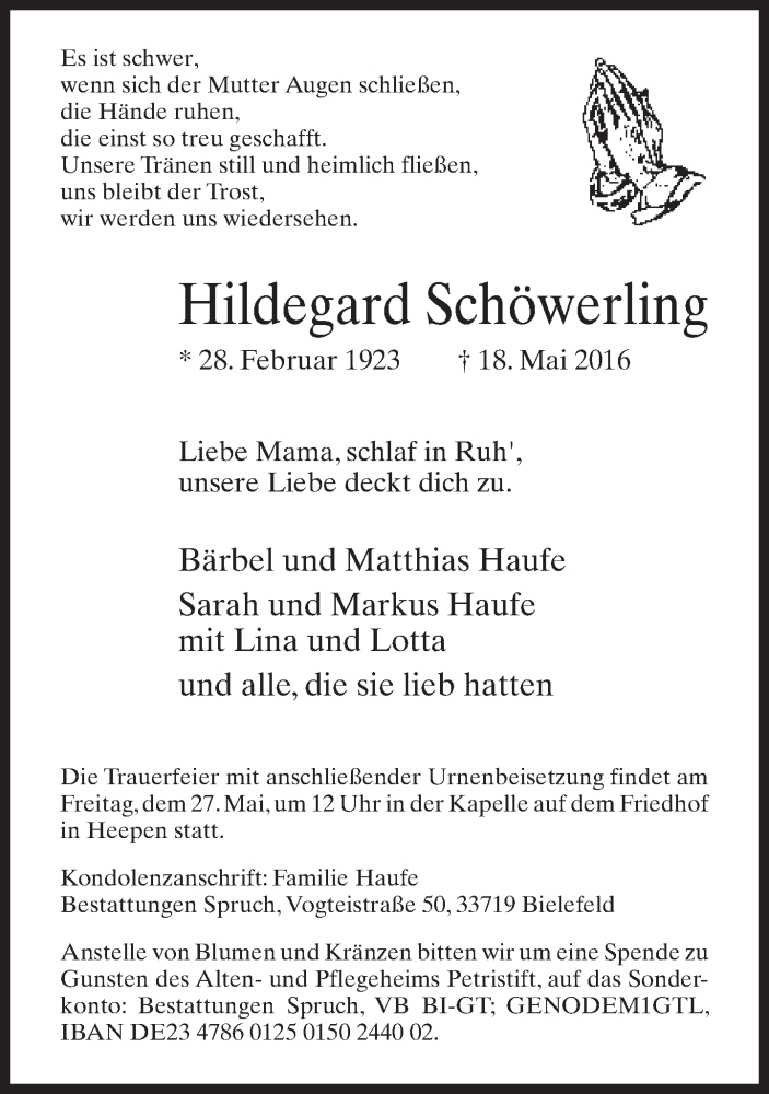  Traueranzeige für Hildegard Schöwerling vom 21.05.2016 aus Neue Westfälische