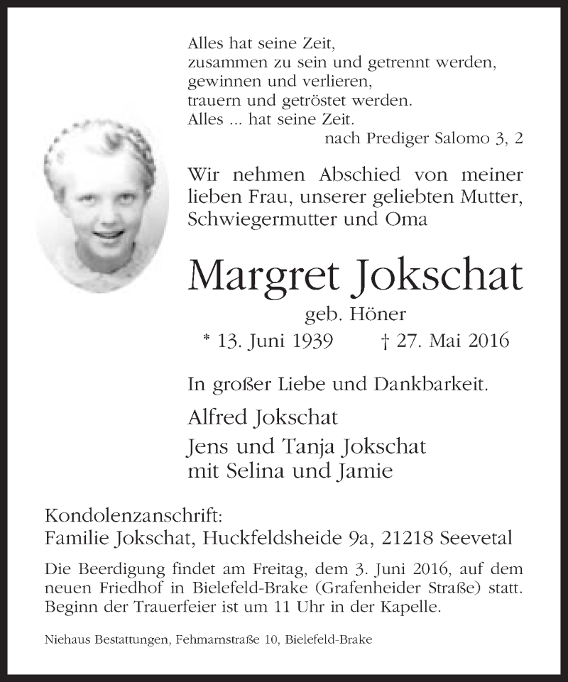 Traueranzeige für Margret Jokschat vom 31.05.2016 aus Neue Westfälische